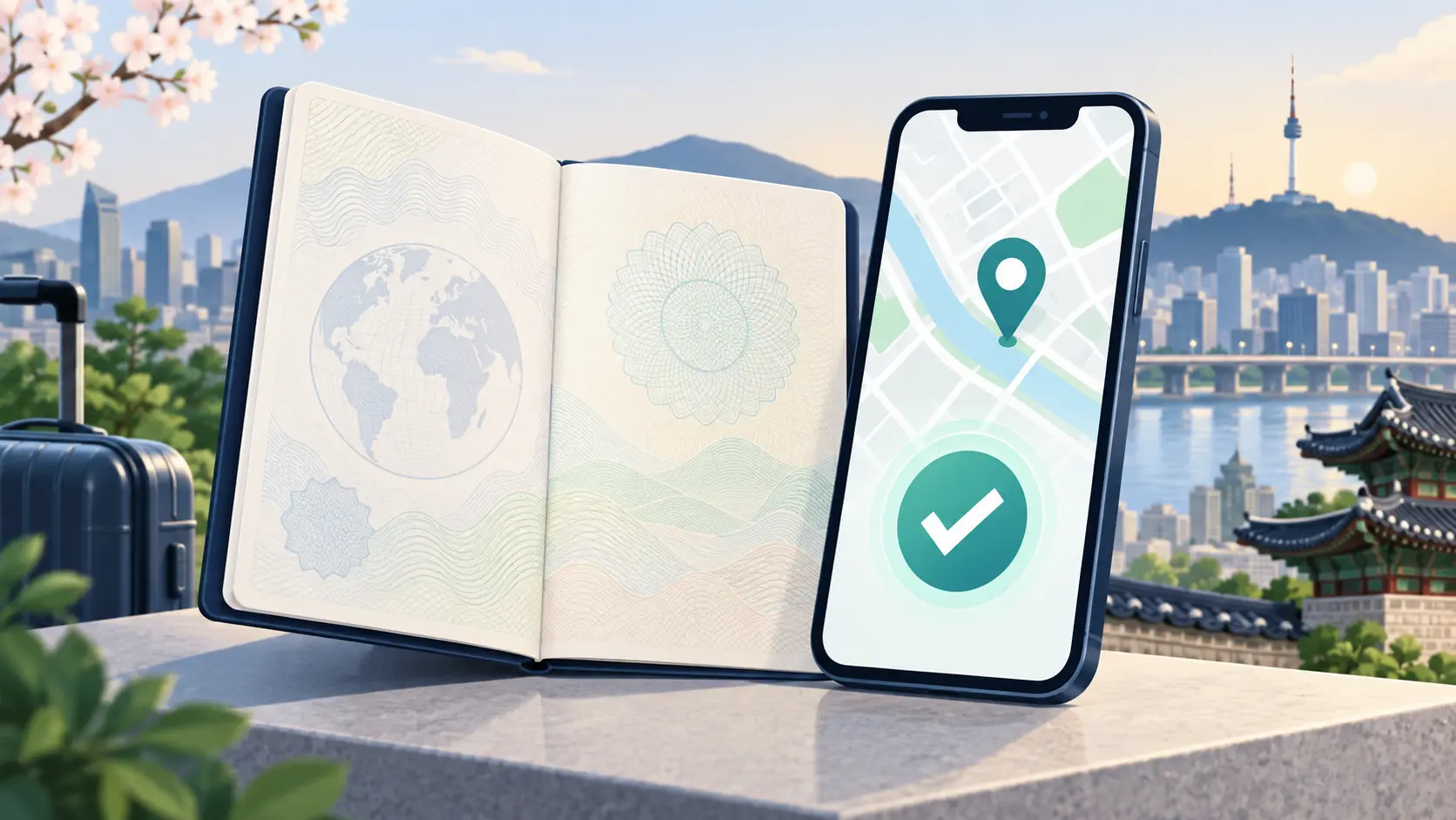 Passport and smartphone representing NAVER Passport Verification for foreign visitors