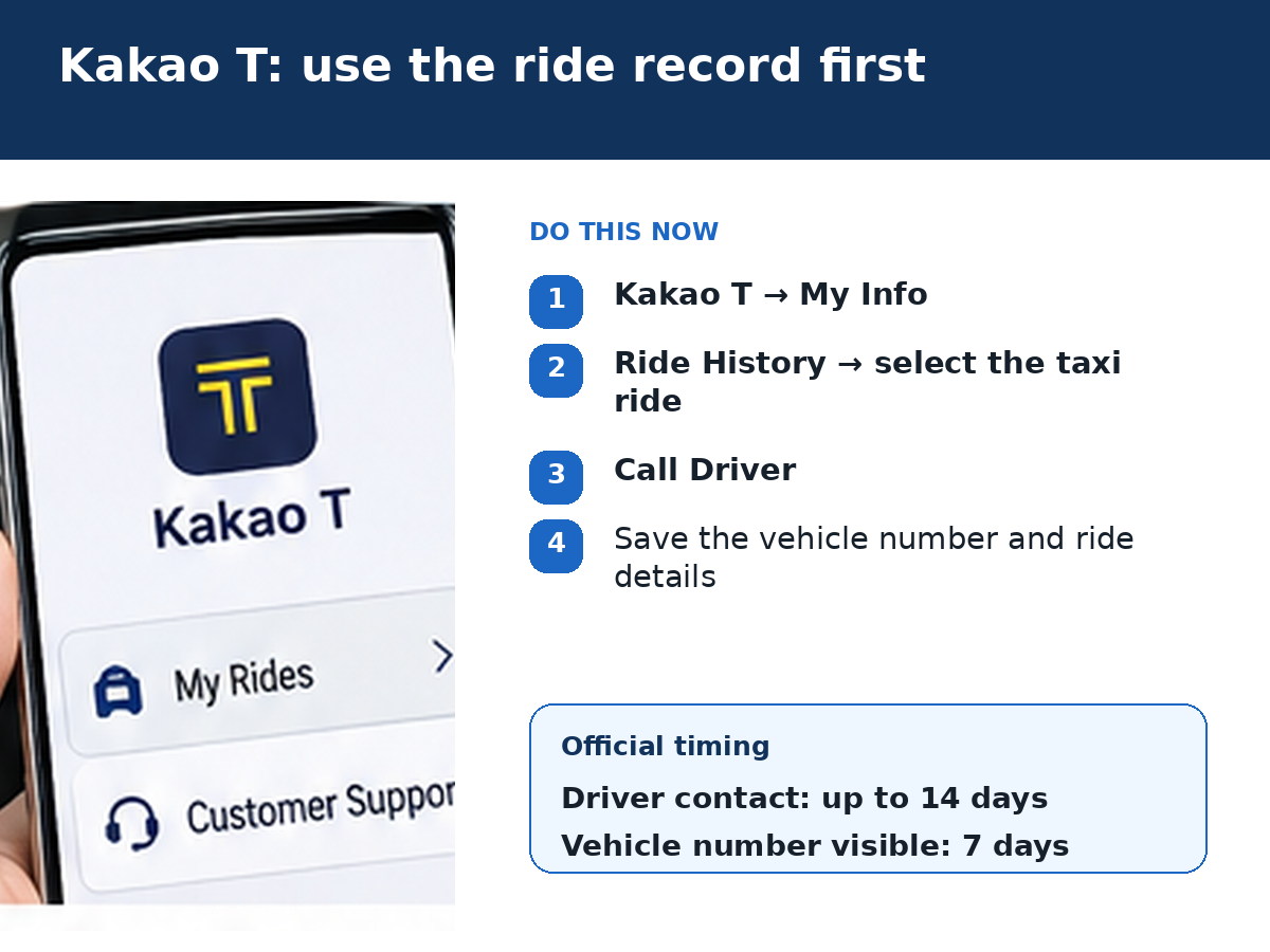 Kakao T ride history steps for a phone left in a taxi