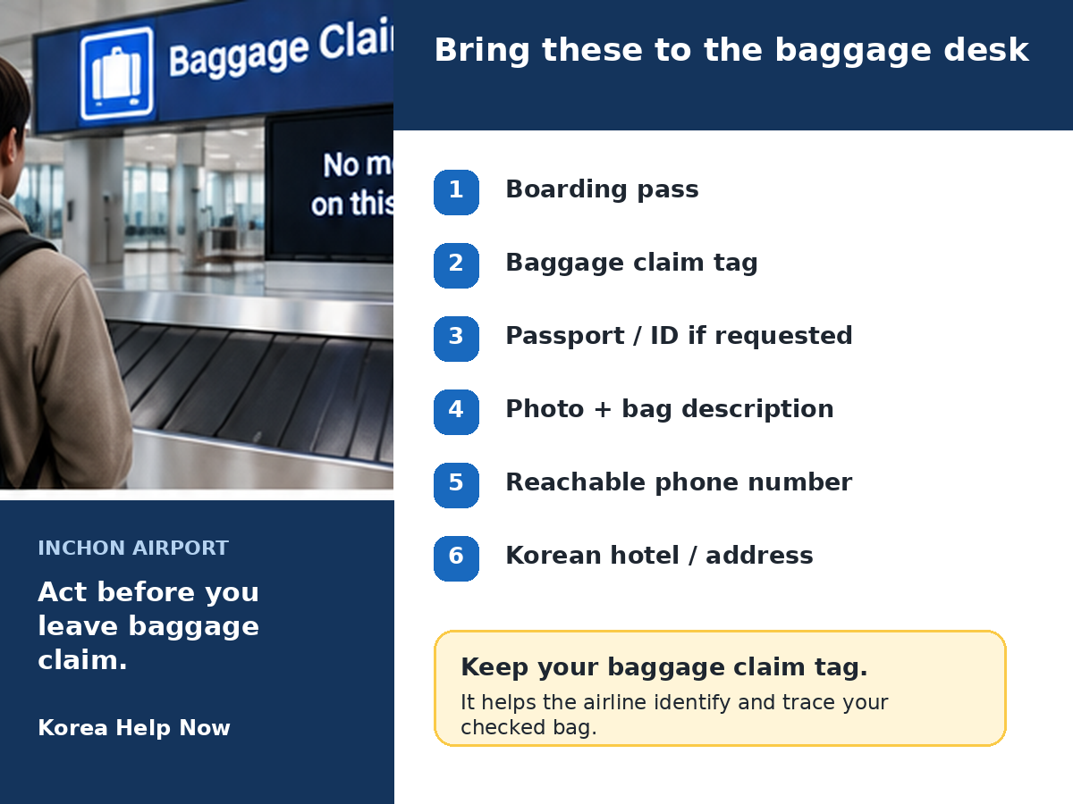 Documents to prepare when reporting delayed baggage at Incheon Airport