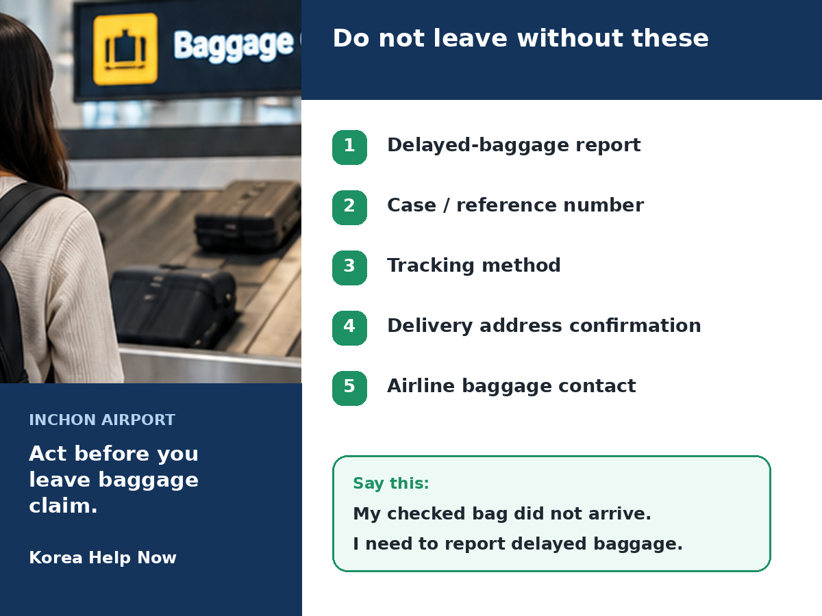 Information to save after filing a delayed baggage report at Incheon Airport