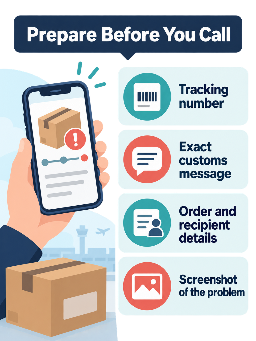 Prepare the tracking number, exact customs message, order details, and screenshots before calling
