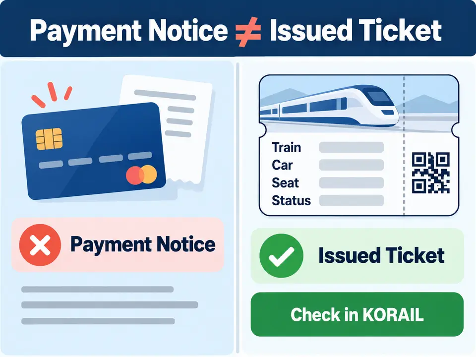 Checklist for confirming that a KORAIL train ticket was issued after payment