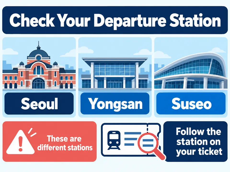 Guide reminding travelers that Seoul, Yongsan and Suseo are different departure stations