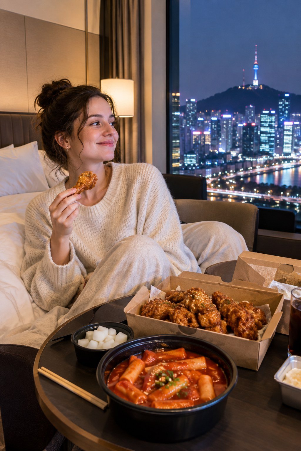 Traveler enjoying Korean food delivery at a hotel in Seoul
