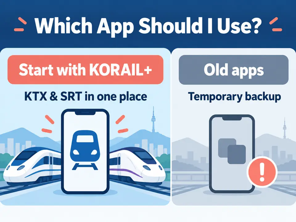 Decision guide showing KORAIL+ as the main booking app and older apps as temporary backups