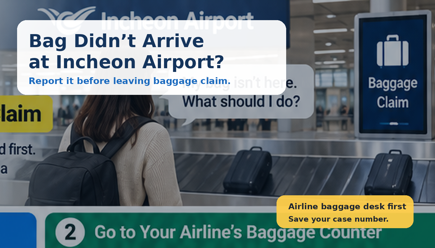 Traveler waiting for a missing checked bag at Incheon Airport baggage claim