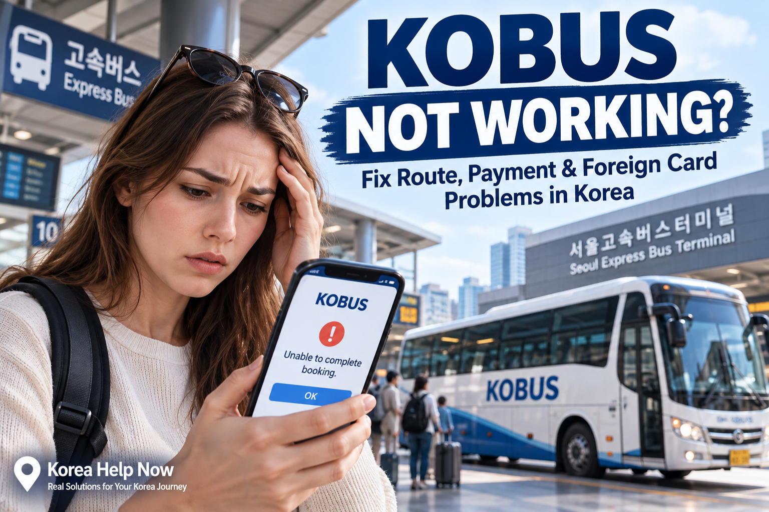 Traveler seeing a KOBUS booking error at a Korean express bus terminal